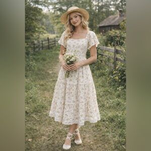 Cotton & Rye Ditsy Floral Cottagecore Midi Dress Romantic Prairie Milkmaid Sz S